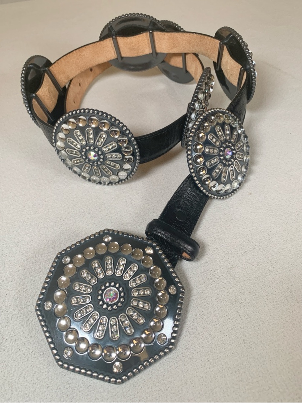 TONY LAMA Black Ostrich leather Western Concho Belt with Rhinestone Accents